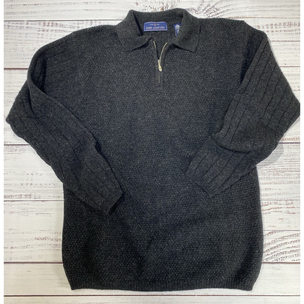 John Ashford Sweater Mens Medium Gray Lambswool Quarter Zip Pullover Ribbed Knit